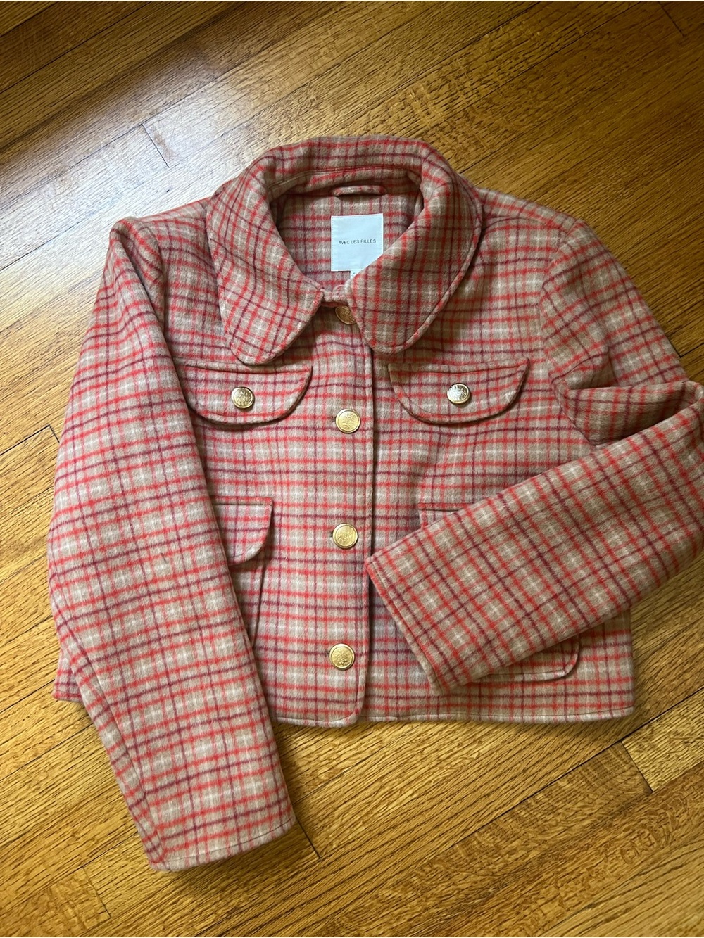 Anthro Avec Les Filles Red, Pink and Cream Plaid Wool-Blend Cropped Jacket